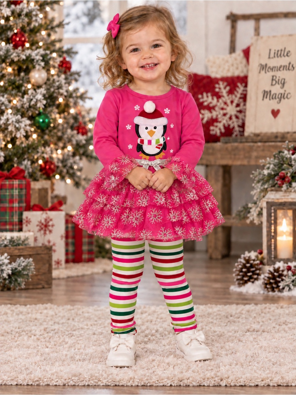Nannette Pink Penguin Glittery Snowflake Tutu Top & Stripe Leggings